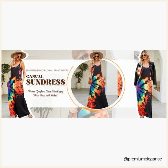 Women's Maxi Dress with Pockets, V-Neck, Spaghetti Straps, Floral Print, Summer - Picture 5 of 7